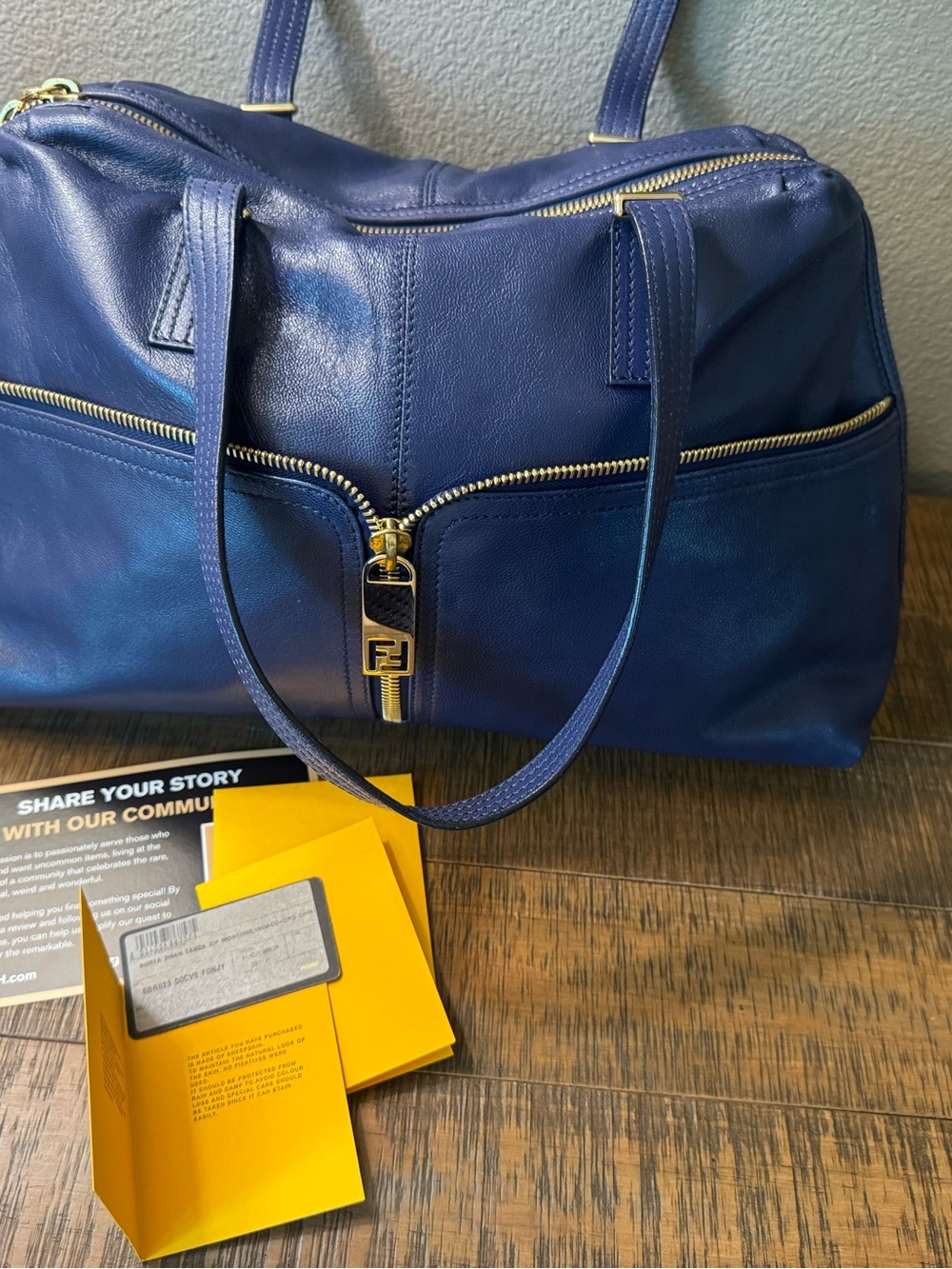 Fendi Zip Detail Navy Leather Double-Zip Shoulder Bag satchel